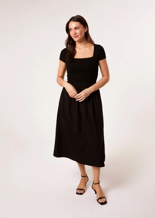 Blue Vanilla Black Square Neck Mix Fabric Midi Dress - L Image 3