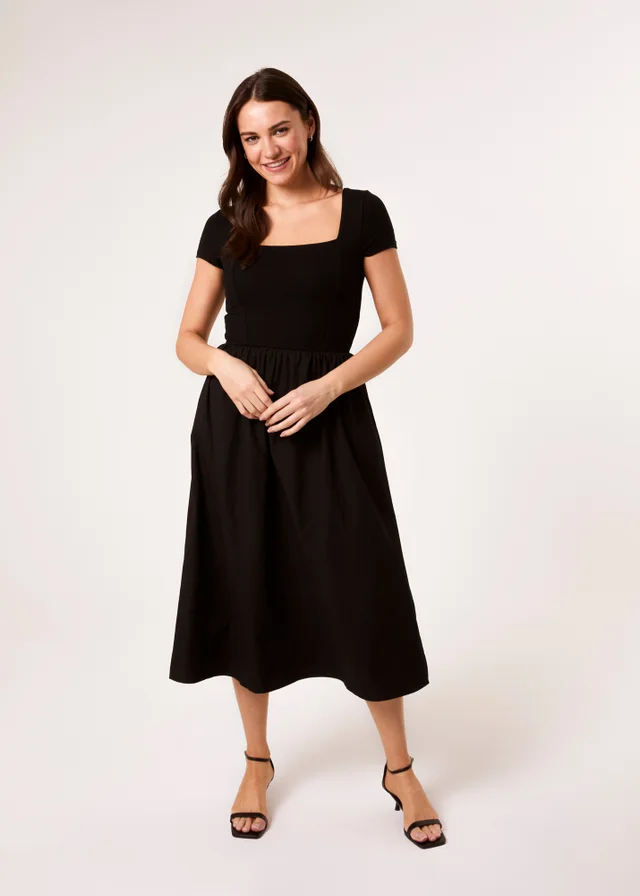 Blue Vanilla Black Square Neck Mix Fabric Midi Dress