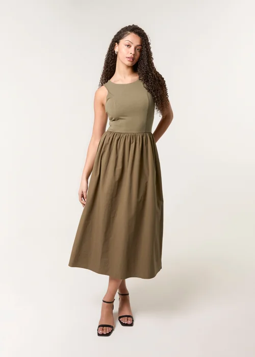 Blue Vanilla Khaki Mix Fabric Midi Dress - L Image 1