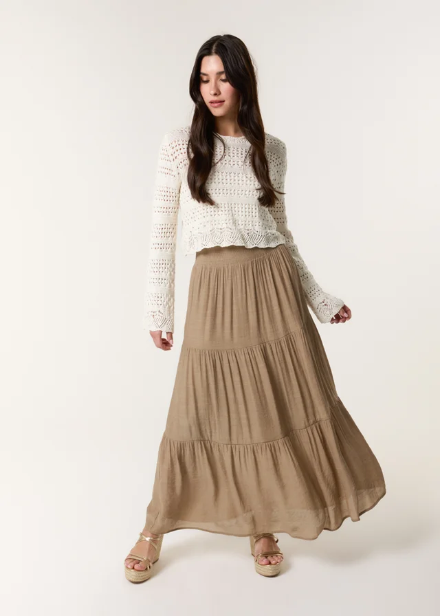 Blue Vanilla Mocha Shirring Waist Tiered Maxi Skirt
