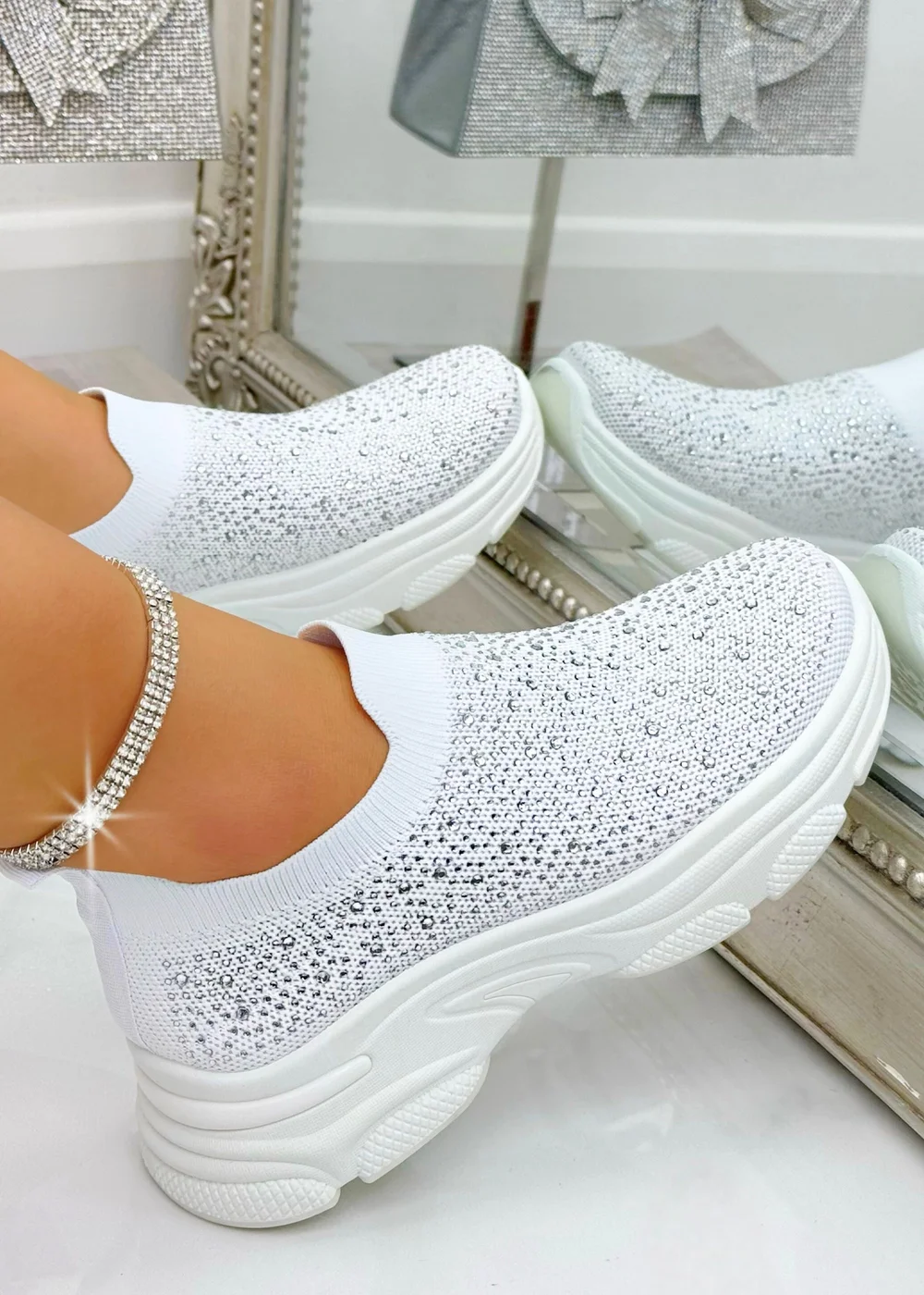 Love Lemonade Crystal Comfort Sporty Sock Stretch Trainers White - Size 4 Image 2