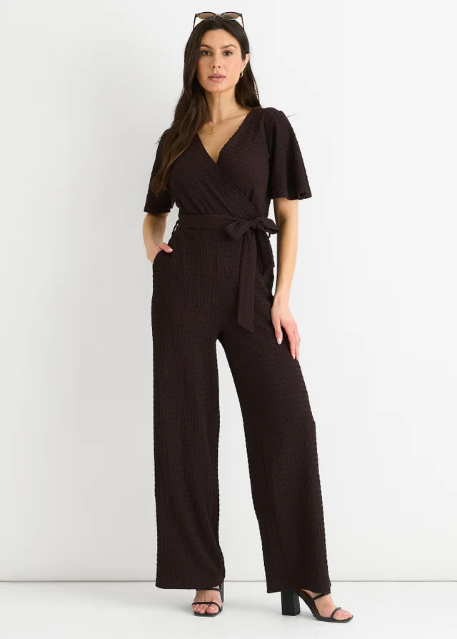 Gini London Chocolate Textured Jersey Wrap Wide Leg Jumpsuit
