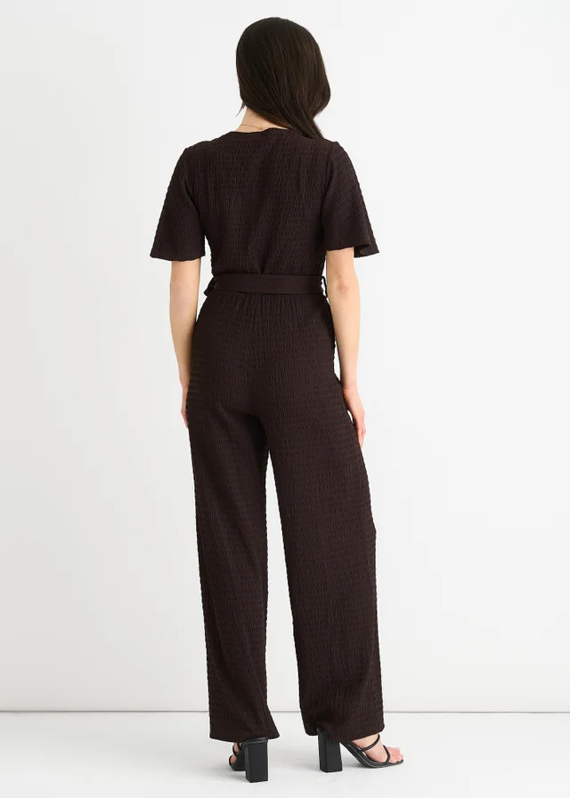 Gini London Chocolate Textured Jersey Wrap Wide Leg Jumpsuit