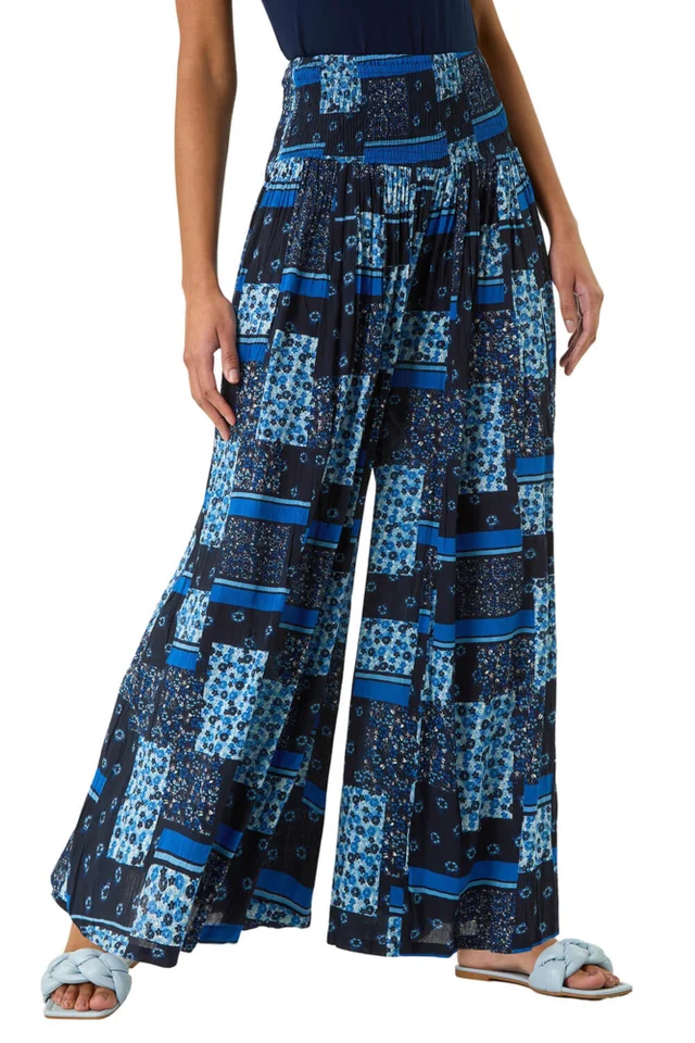 Roman Blue Floral Tile Print Palazzo Wide Leg Trouser