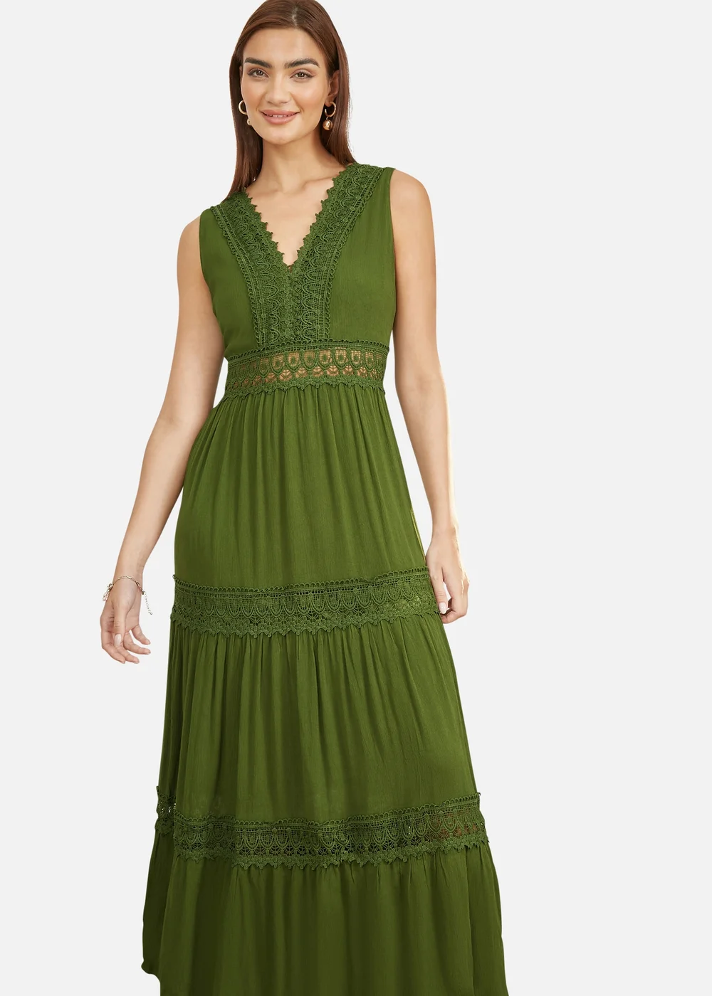 Yumi Green Lace Trim Cotton Midi Sun Dress - M Image 2