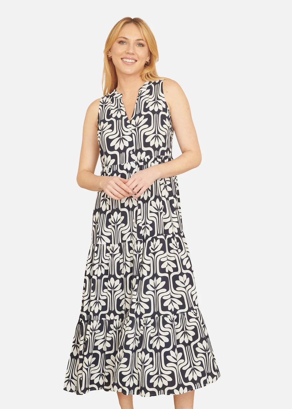 Yumi Navy Retro Print Relaxed Midi Dress - 8 Image 2
