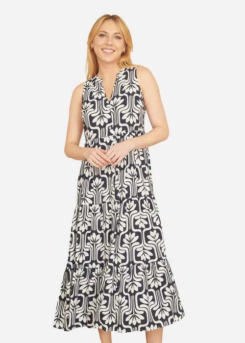 Yumi Navy Retro Print Relaxed Midi Dress - 8 Image 2