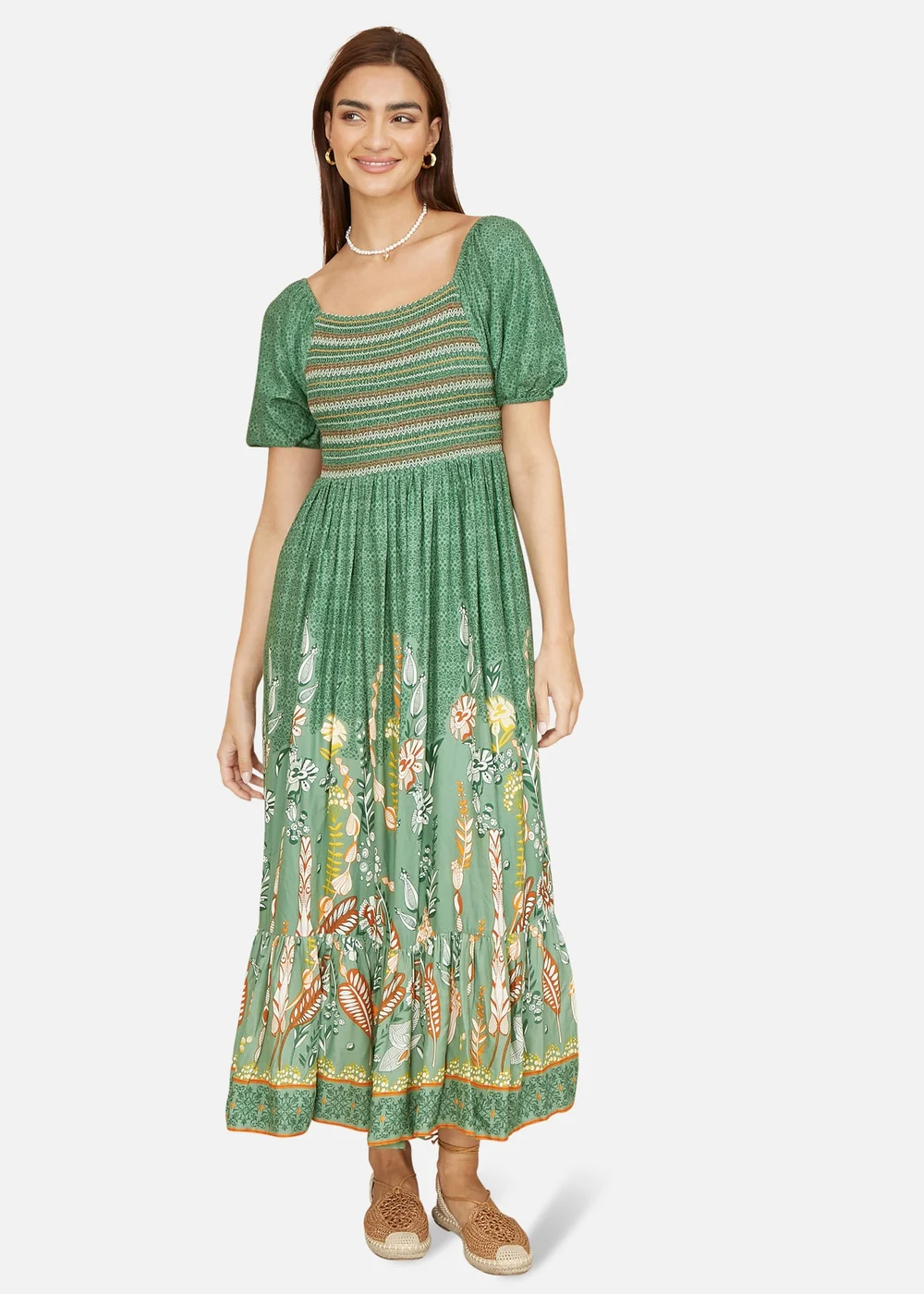 Yumi Green Ruched Leaf Print Maxi Dress With Puff Sleeves - 12 Image 1
