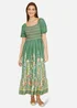 Yumi Green Ruched Leaf Print Maxi Dress With Puff Sleeves - 12 Image 1