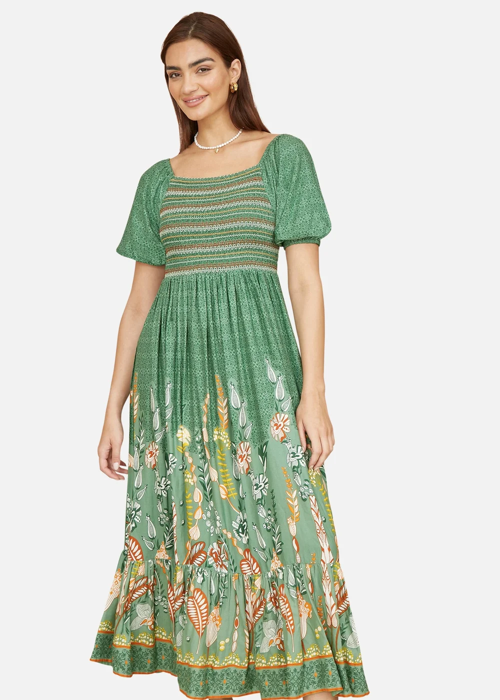 Yumi Green Ruched Leaf Print Maxi Dress With Puff Sleeves - 12 Image 2