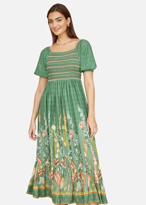Yumi Green Ruched Leaf Print Maxi Dress With Puff Sleeves - 12 Image 2