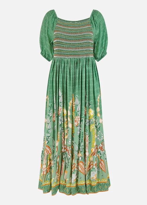 Yumi Green Ruched Leaf Print Maxi Dress With Puff Sleeves - 12 Image 3
