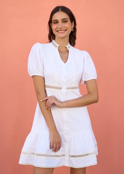 Yumi White Cotton Lace Trim Skater Shirt Dress - 8 Image 2