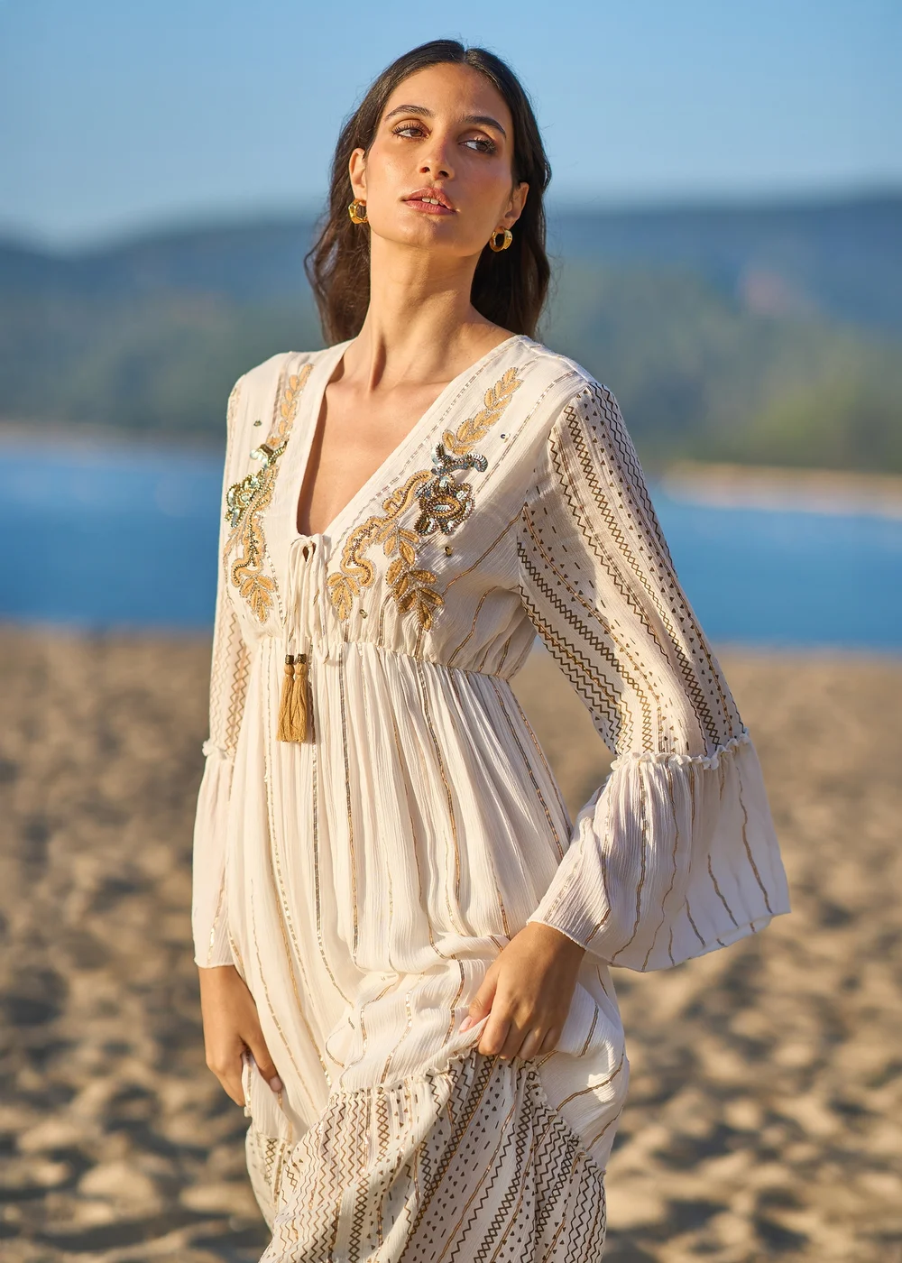 Yumi White Metallic Embellished Maxi Dress With Long Sleeves - 16 Image 2