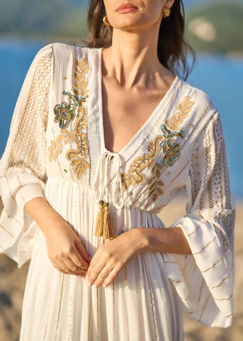 Yumi White Metallic Embellished Maxi Dress With Long Sleeves - 16 Image 4