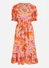 Yumi Pink Floral Midi Dress With Frill Hem and Puff Sleeves - 10 Image 3