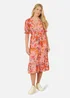 Yumi Pink Floral Midi Dress With Frill Hem and Puff Sleeves - 10 Image 1
