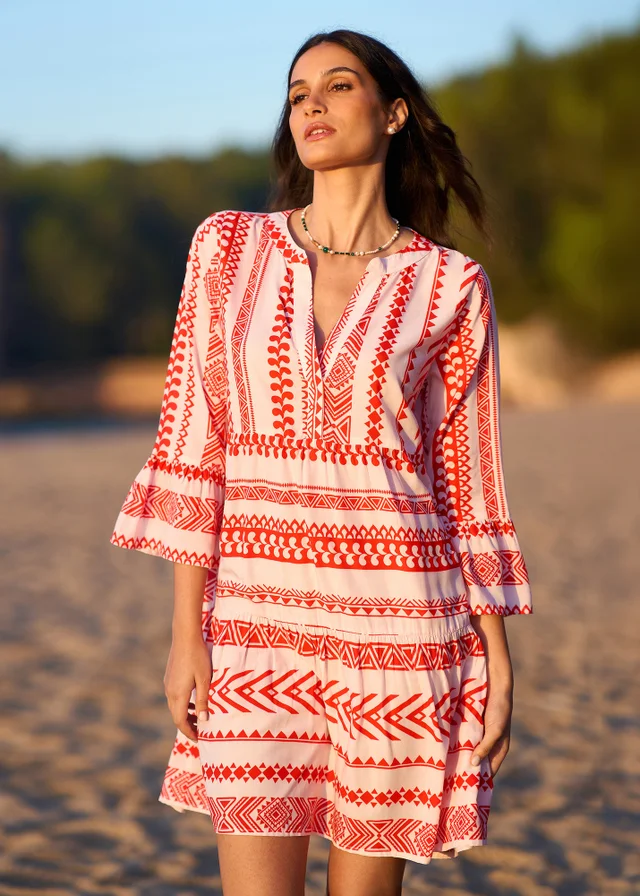 Yumi Coral Geo Stripe Print Beach Tunic