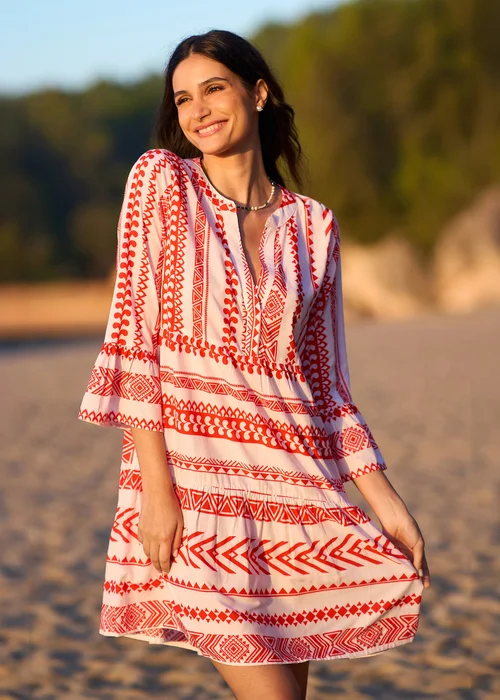 Yumi Coral Geo Stripe Print Beach Tunic - 16 Image 4