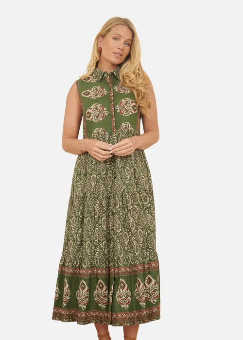 Yumi Green Cotton Paisley Midi Sleeveless Shirt Dress - 18 Image 2