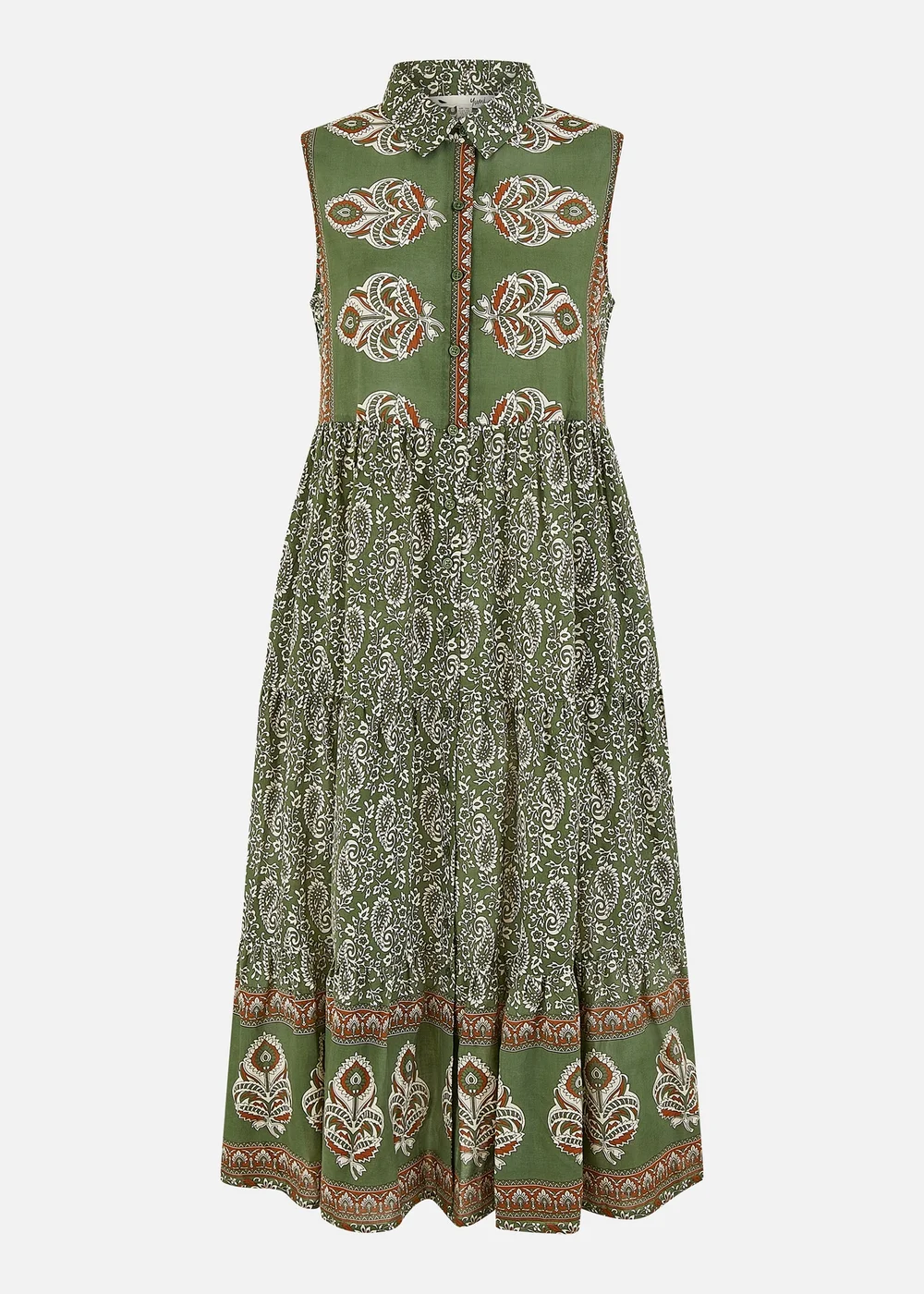 Yumi Green Cotton Paisley Midi Sleeveless Shirt Dress - 18 Image 3