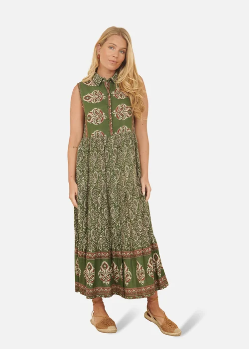 Yumi Green Cotton Paisley Midi Sleeveless Shirt Dress - 18 Image 1
