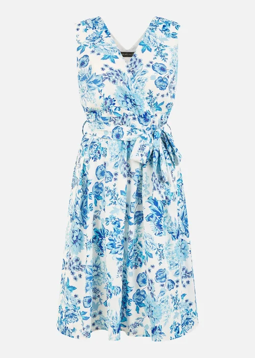 Yumi Blue Floral Wrap Over Skater Dress - 10 Image 3