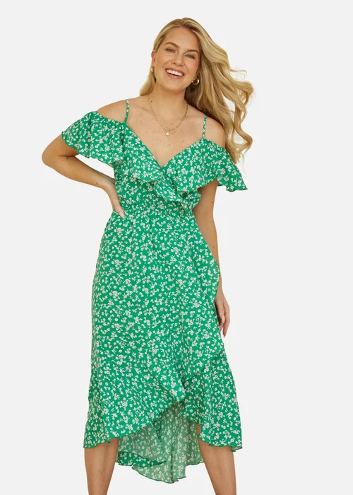 Yumi Green Ditsy Print Bardot Midi Dress With Dip Hem - 8 Image 1
