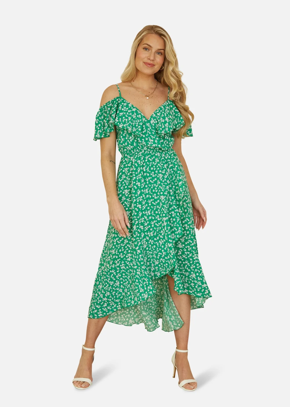 Yumi Green Ditsy Print Bardot Midi Dress With Dip Hem - 8 Image 2