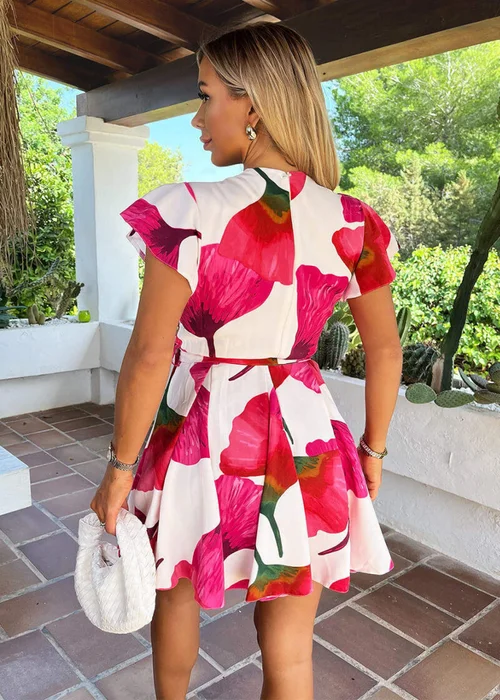 AX Paris Pink Floral Print Wrap Top Tie Waist Skater Mini Dress - 10 Image 5