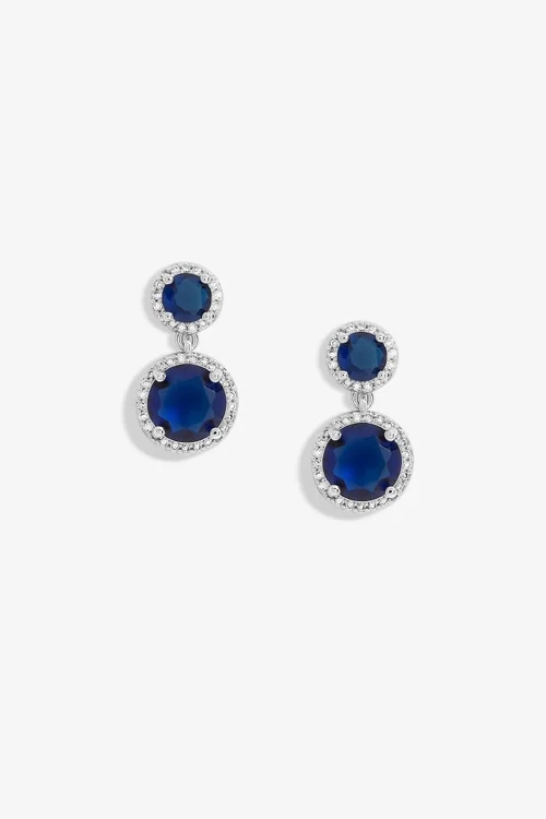 Jon Richard Rhodium Plated & Sapphire Double Halo Earrings - One Size Image 1