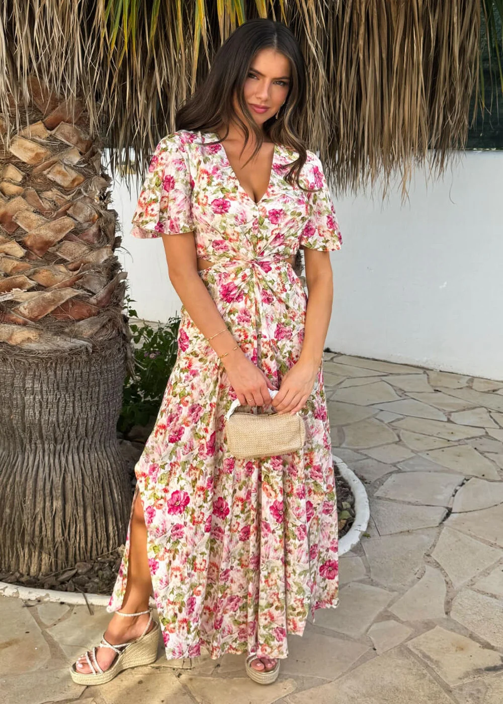 AX Paris Multi Garden Print V Neck Cut Out Knot Detail Midi Dress - 16 Image 3