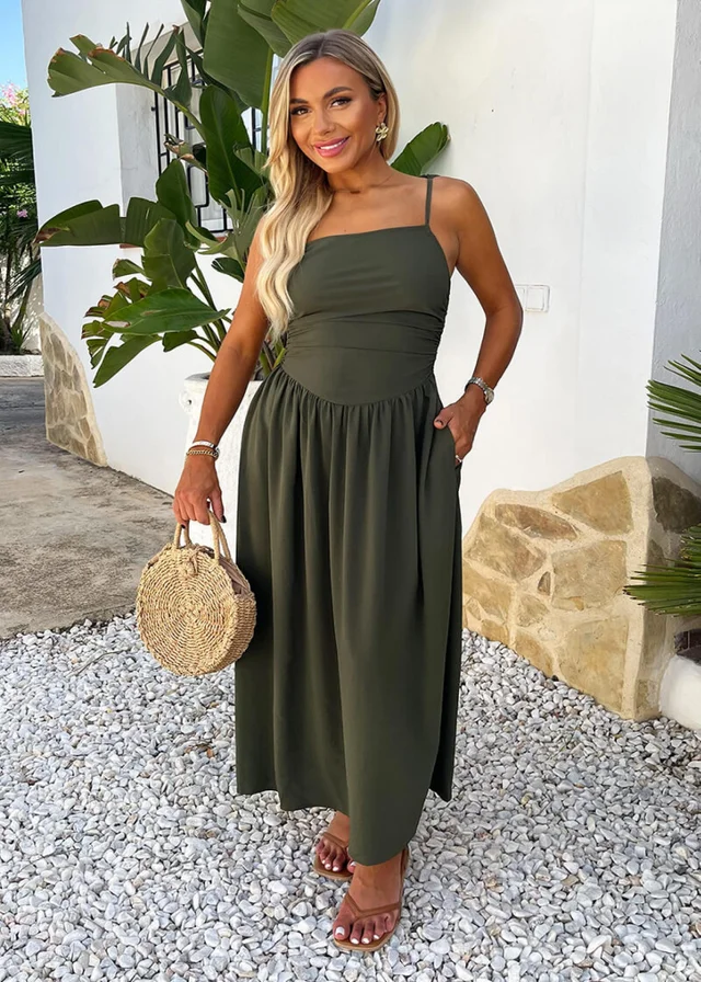 AX Paris Khaki Drawstring Tie Straps Ruched Top Midi Dress