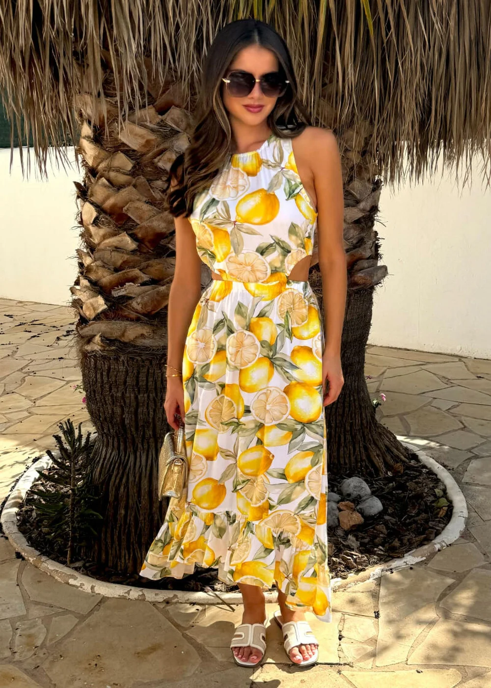 AX Paris Yellow Lemon Print Waist Cut Out Frill Hem Midi Dress - 16 Image 3