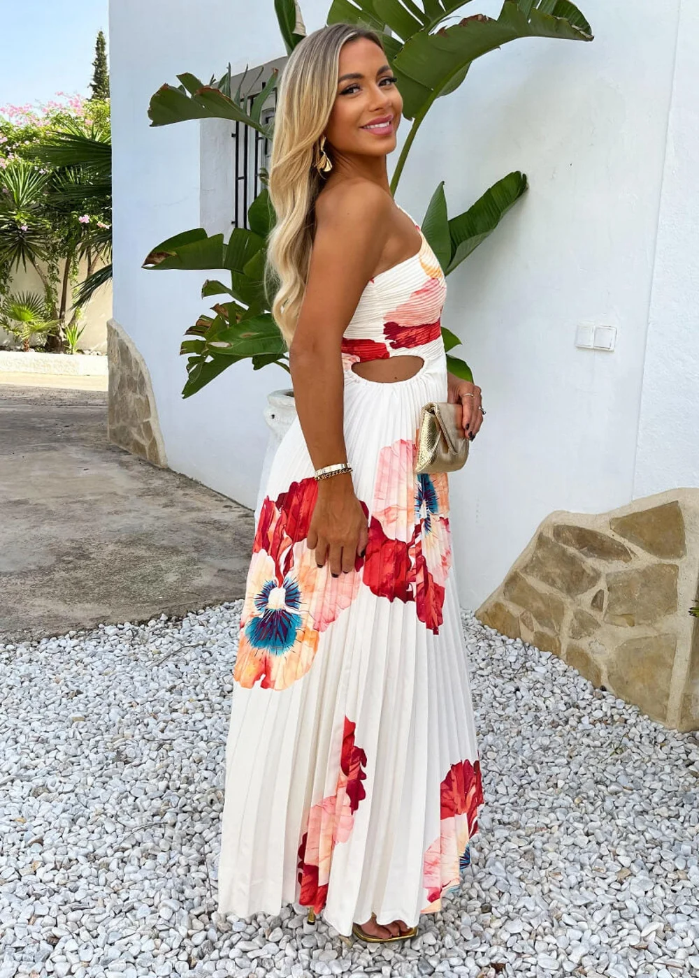 AX Paris Cream Bold Floral Print One Shoulder Cut Out Pleated Midi Dress - 10 Image 4