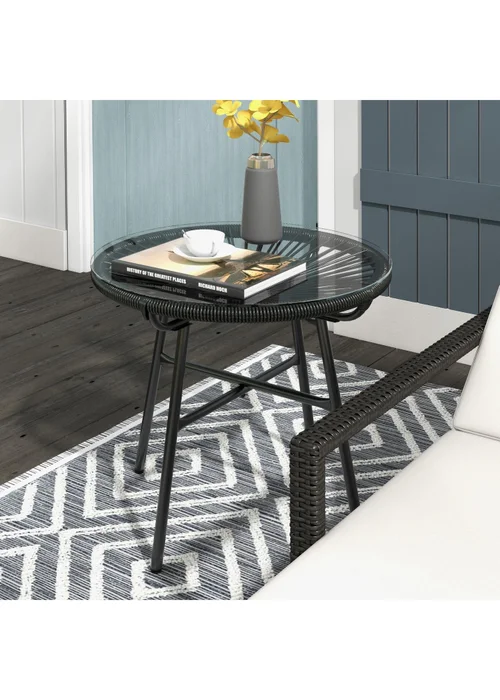 Outsunny Rattan Side Table with Tempered Glass Tabletop - One Size Image 1