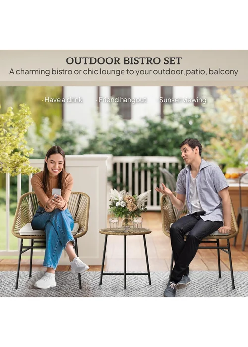 Outsunny Rattan Bistro Set Small Balcony Furniture with Cushion - One Size Image 4