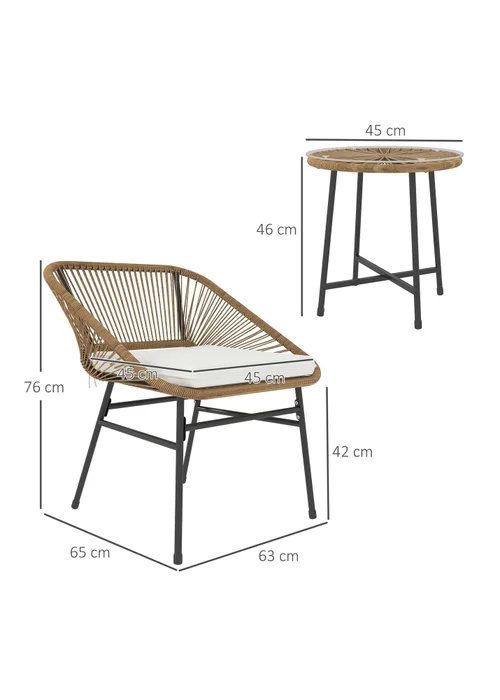 Outsunny Rattan Bistro Set Small Balcony Furniture with Cushion - One Size Image 3