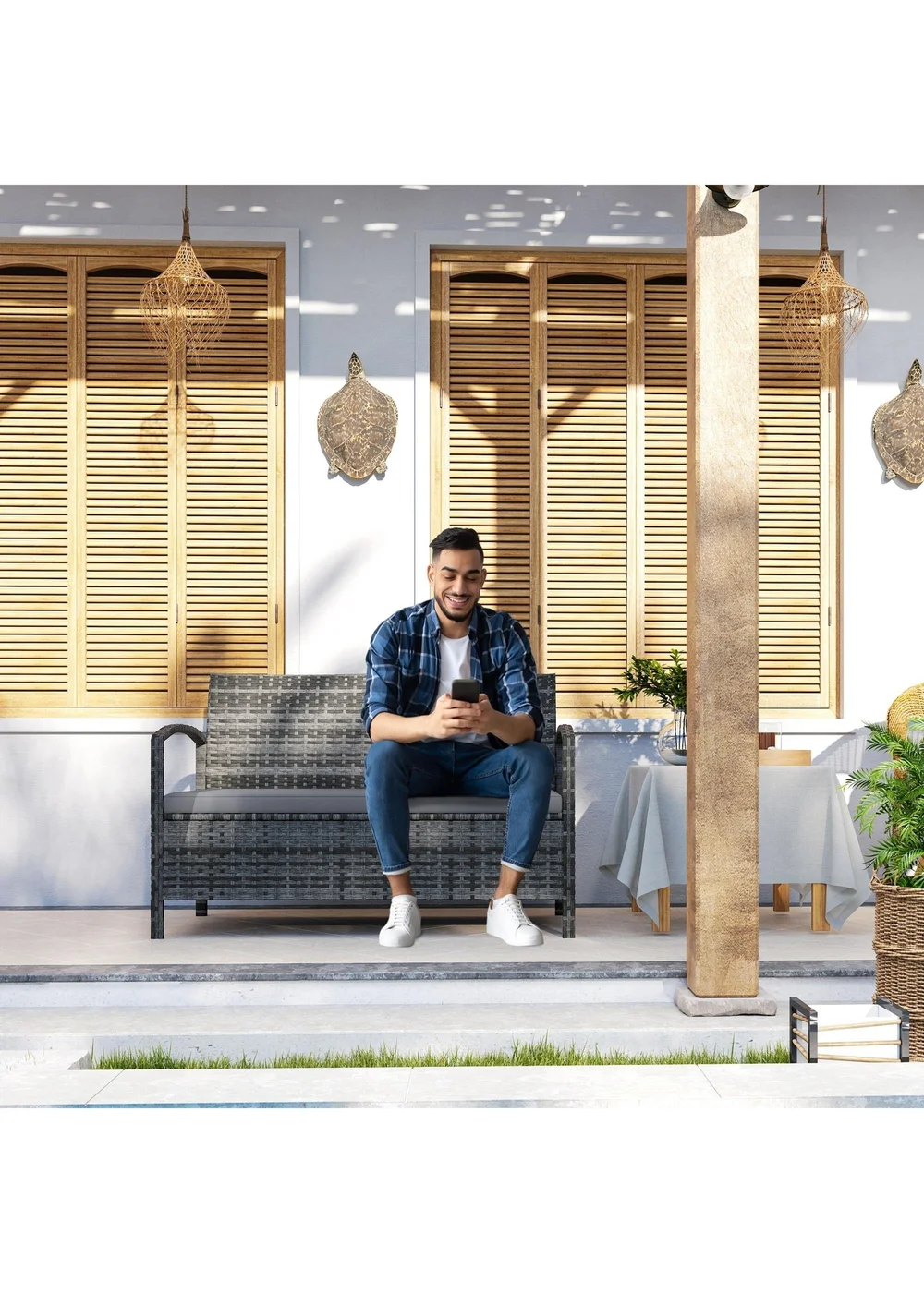 Outsunny Rattan Garden Bench with Storage Cushioned Outdoor Bench (125L) - One Size Image 1