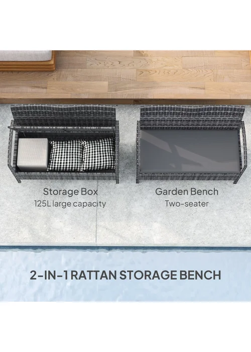 Outsunny Rattan Garden Bench with Storage Cushioned Outdoor Bench (125L) - One Size Image 4