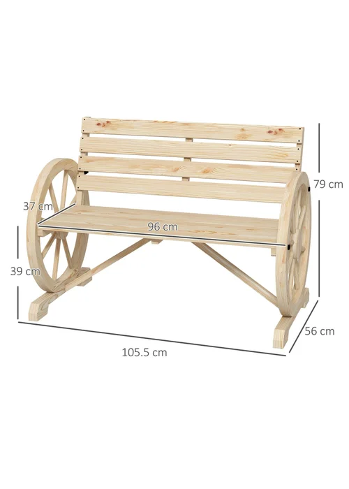 Outsunny 2 Seater Garden Bench with Wooden Cart Wagon Wheel - One Size Image 3