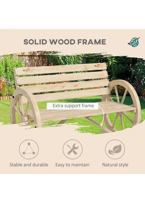 Outsunny 2 Seater Garden Bench with Wooden Cart Wagon Wheel - One Size Image 4
