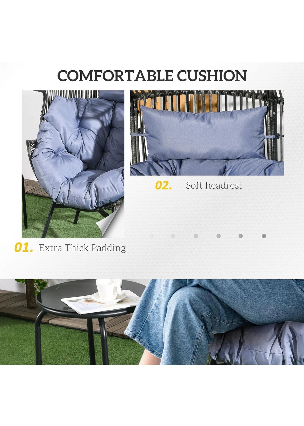 Outsunny Rattan Leisure Chair with Cushion Garden Egg Chair with Headrest - One Size Image 5