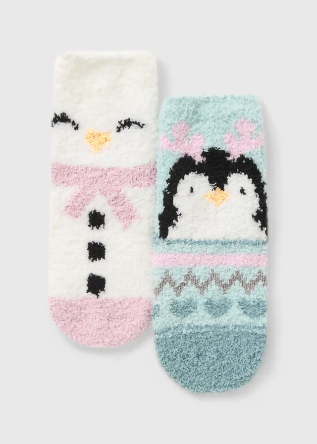 2 Pack Girls Pink Penguin Fluffy Socks (Younger 6-Older 6.5)