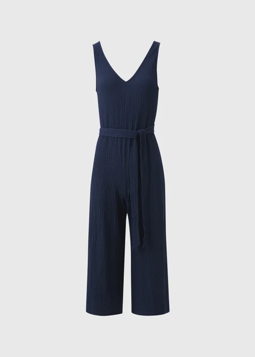 Navy Crinkle Belted Culotte Jumpsuit - 8 Image 4