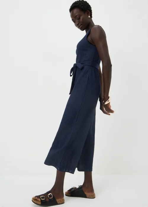 Navy Crinkle Belted Culotte Jumpsuit - 8 Image 2