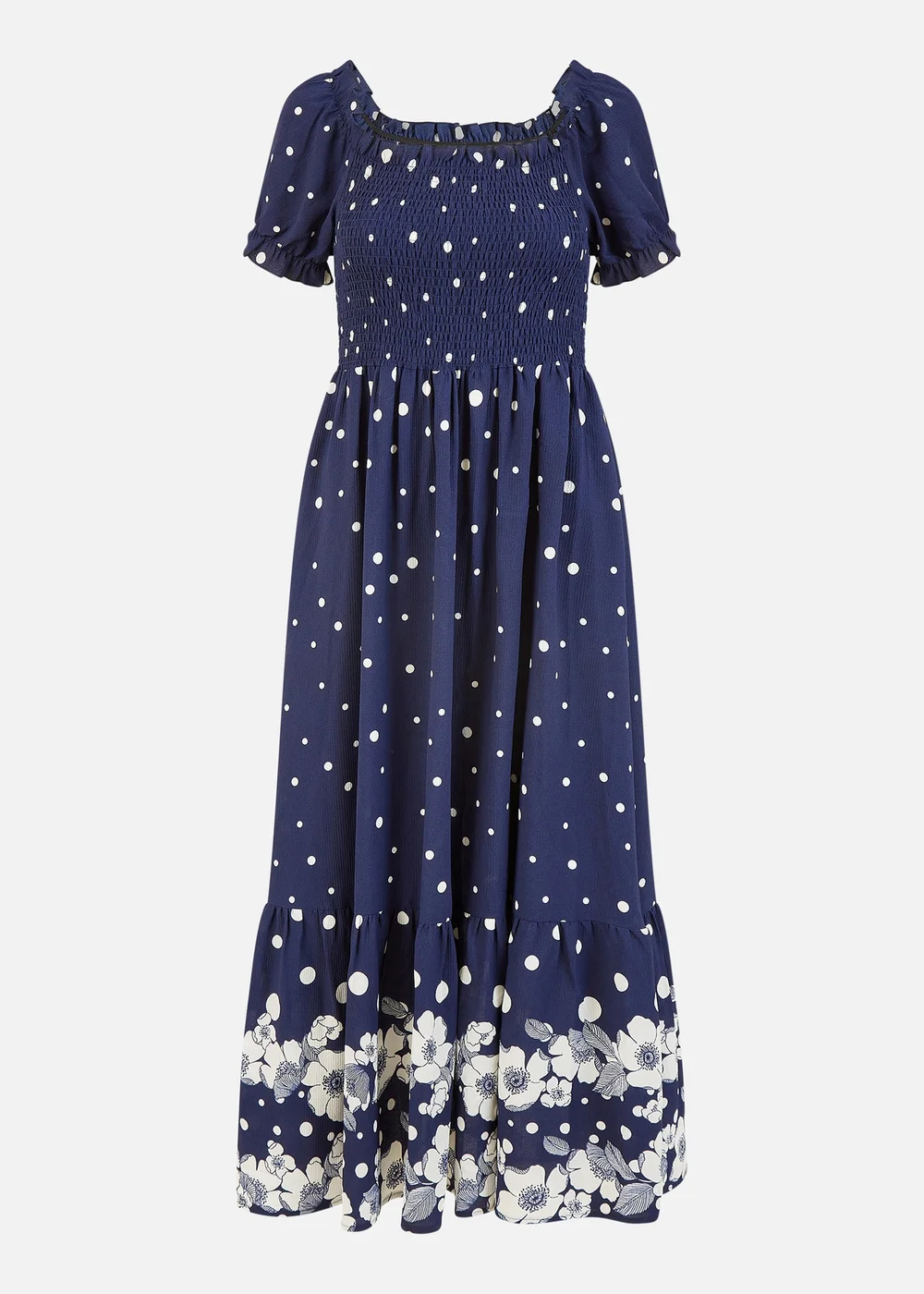 Yumi Navy Spot & Floral Print Border Ruched Midi Dress - 12 Image 2
