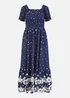 Yumi Navy Spot & Floral Print Border Ruched Midi Dress - 12 Image 2
