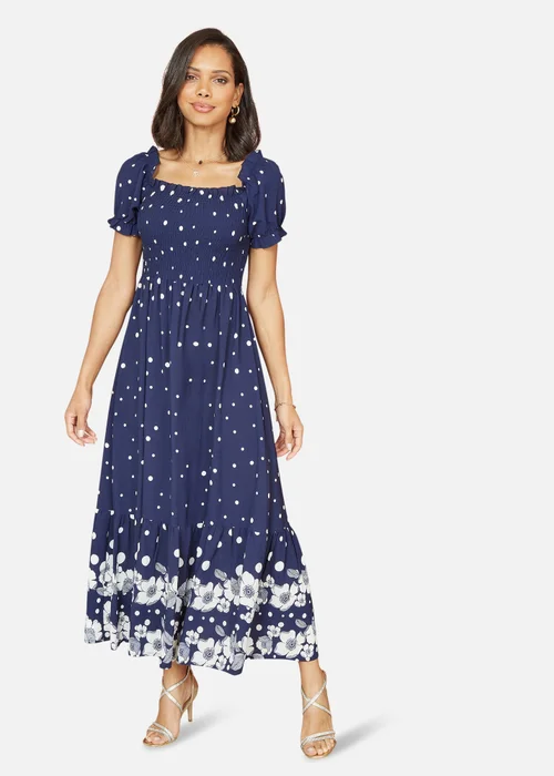 Yumi Navy Spot & Floral Print Border Ruched Midi Dress - 12 Image 1