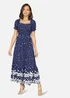 Yumi Navy Spot & Floral Print Border Ruched Midi Dress - 12 Image 1
